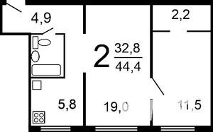 2-к квартира, на длительный срок, 42м2, 2/5 этаж