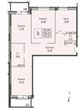 3-к квартира, вторичка, 113м2, 3/7 этаж