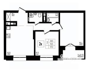 2-к квартира, вторичка, 57м2, 10/12 этаж
