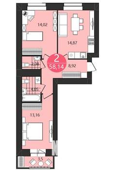 2-к квартира, строящийся дом, 58м2, 12/12 этаж