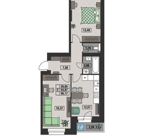 2-к квартира, вторичка, 56м2, 3/8 этаж