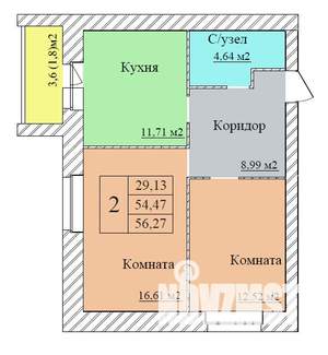 2-к квартира, строящийся дом, 56м2, 8/8 этаж
