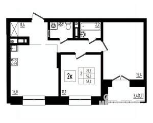 2-к квартира, вторичка, 57м2, 9/12 этаж