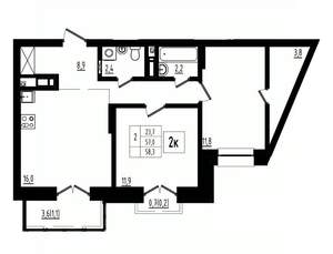 2-к квартира, вторичка, 58м2, 11/12 этаж