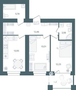 2-к квартира, строящийся дом, 64м2, 3/16 этаж