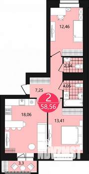 2-к квартира, строящийся дом, 59м2, 2/9 этаж