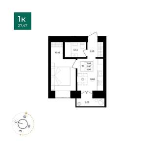 1-к квартира, вторичка, 27м2, 1/9 этаж