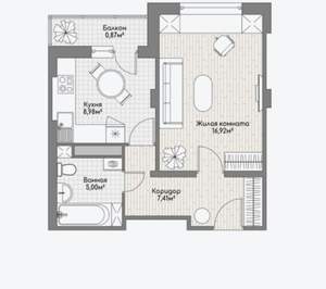 1-к квартира, сданный дом, 40м2, 8/10 этаж