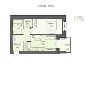 1-к квартира, строящийся дом, 45м2, 1/4 этаж