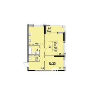 2-к квартира, строящийся дом, 70м2, 7/10 этаж