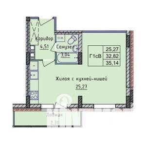 1-к квартира, строящийся дом, 35м2, 1/8 этаж