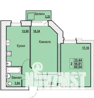 2-к квартира, строящийся дом, 60м2, 4/10 этаж