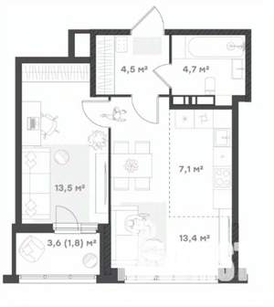 1-к квартира, вторичка, 45м2, 2/18 этаж