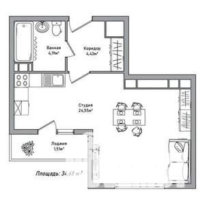 1-к квартира, строящийся дом, 35м2, 7/14 этаж