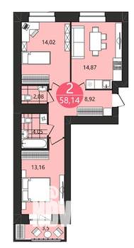 2-к квартира, строящийся дом, 58м2, 2/12 этаж