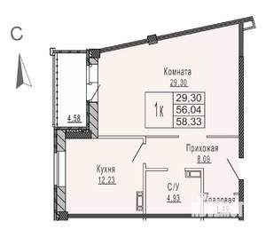 1-к квартира, вторичка, 59м2, 3/8 этаж