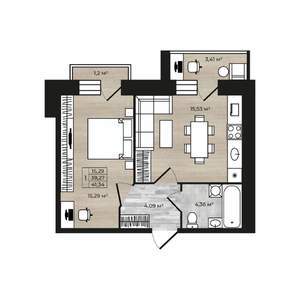 1-к квартира, строящийся дом, 44м2, 4/9 этаж