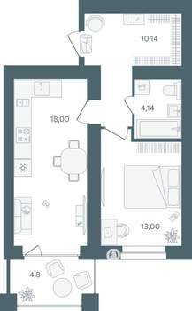 1-к квартира, строящийся дом, 48м2, 3/16 этаж