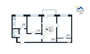 3-к квартира, вторичка, 57м2, 5/5 этаж
