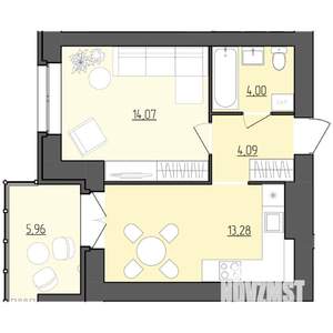 1-к квартира, строящийся дом, 38м2, 6/9 этаж