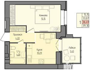 1-к квартира, строящийся дом, 36м2, 4/9 этаж