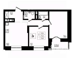 2-к квартира, вторичка, 56м2, 11/12 этаж