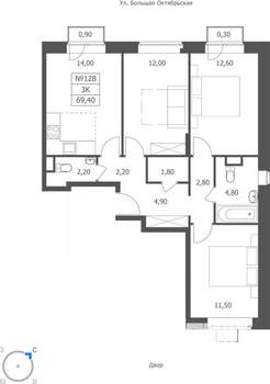 3-к квартира, вторичка, 69м2, 2/11 этаж