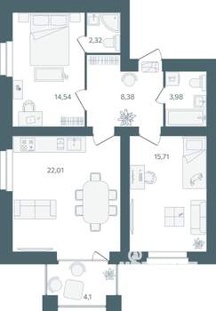 2-к квартира, строящийся дом, 69м2, 5/16 этаж