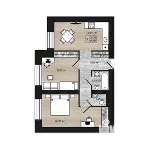 2-к квартира, строящийся дом, 55м2, 1/9 этаж