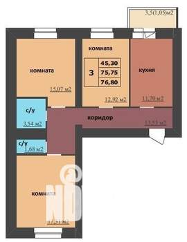 3-к квартира, строящийся дом, 77м2, 1/16 этаж