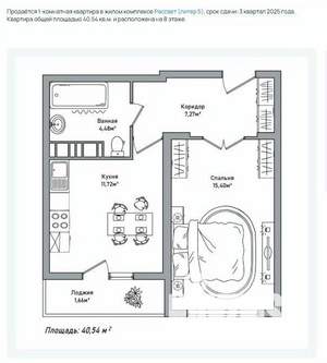 1-к квартира, вторичка, 41м2, 8/14 этаж