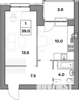 1-к квартира, строящийся дом, 39м2, 3/4 этаж