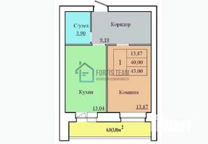 1-к квартира, вторичка, 43м2, 6/12 этаж