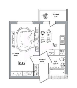 1-к квартира, вторичка, 34м2, 3/9 этаж