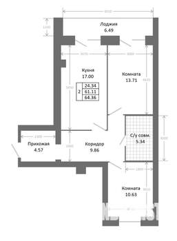 2-к квартира, строящийся дом, 68м2, 5/5 этаж