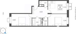 2-к квартира, вторичка, 61м2, 10/11 этаж