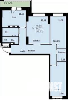 3-к квартира, строящийся дом, 89м2, 2/14 этаж