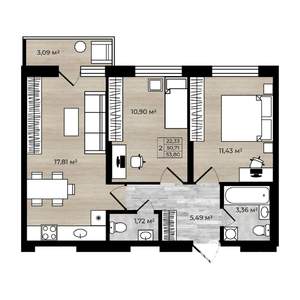 2-к квартира, строящийся дом, 52м2, 17/17 этаж