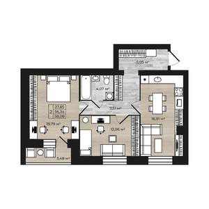 2-к квартира, строящийся дом, 65м2, 1/9 этаж