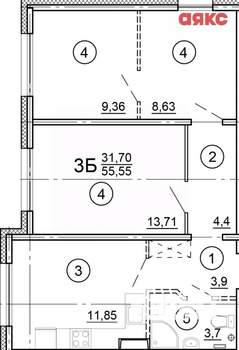 3-к квартира, сданный дом, 56м2, 3/8 этаж