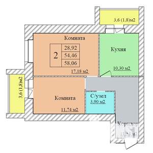 2-к квартира, строящийся дом, 58м2, 4/8 этаж