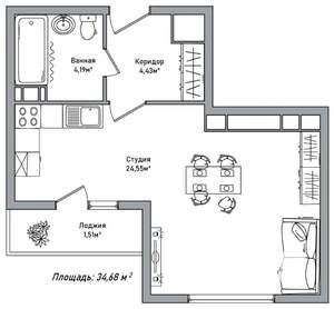 1-к квартира, вторичка, 35м2, 4/14 этаж