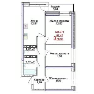 3-к квартира, строящийся дом, 59м2, 15/17 этаж