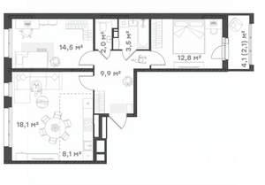 2-к квартира, вторичка, 71м2, 12/18 этаж