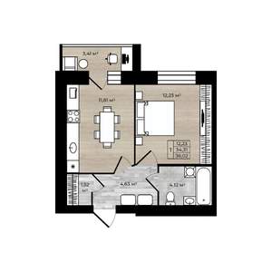 1-к квартира, строящийся дом, 38м2, 2/9 этаж