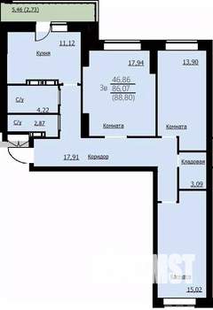 3-к квартира, строящийся дом, 89м2, 6/14 этаж