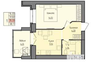 1-к квартира, строящийся дом, 35м2, 4/9 этаж