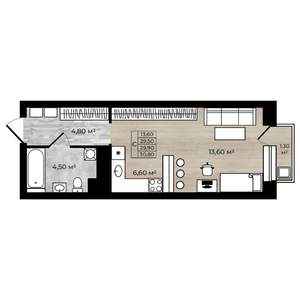 Студия квартира, вторичка, 30м2, 6/18 этаж