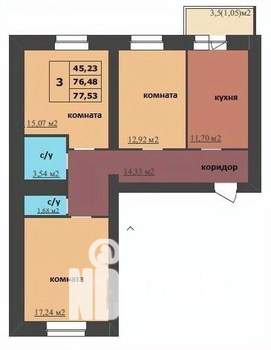 3-к квартира, строящийся дом, 78м2, 13/16 этаж