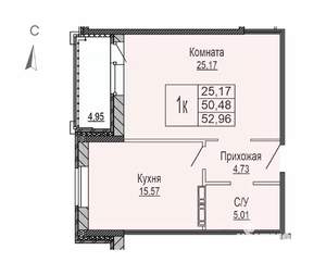 1-к квартира, строящийся дом, 53м2, 4/8 этаж